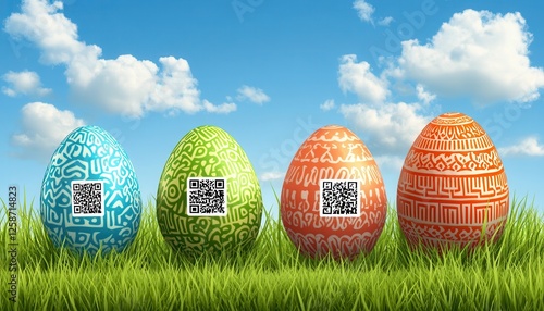 Three vibrant Easter eggs adorned with QR codes resting in lush green grass, symbolizing a unique blend of tradition and technology.