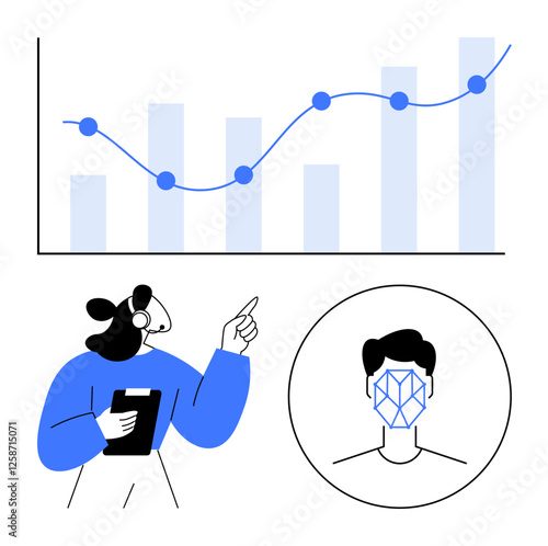 Woman analyzing trend graph with clipboard, facial recognition in side circle. Ideal for AI, biometrics, business analytics, tech presentations, market research, innovation, abstract line flat