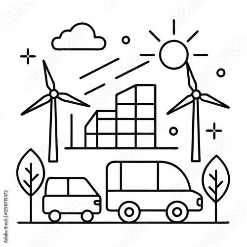 green 2"Renewable Energy Line Art Vector Sustainable Future Green Technology Solar Panels Wind Turbines Eco Friendly Smart City Clean Power Environmental Innovation"