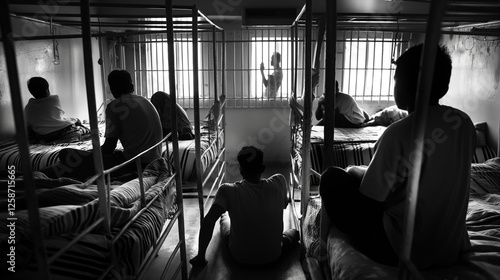 Inmates in overcrowded prison cell with one standing at bars.