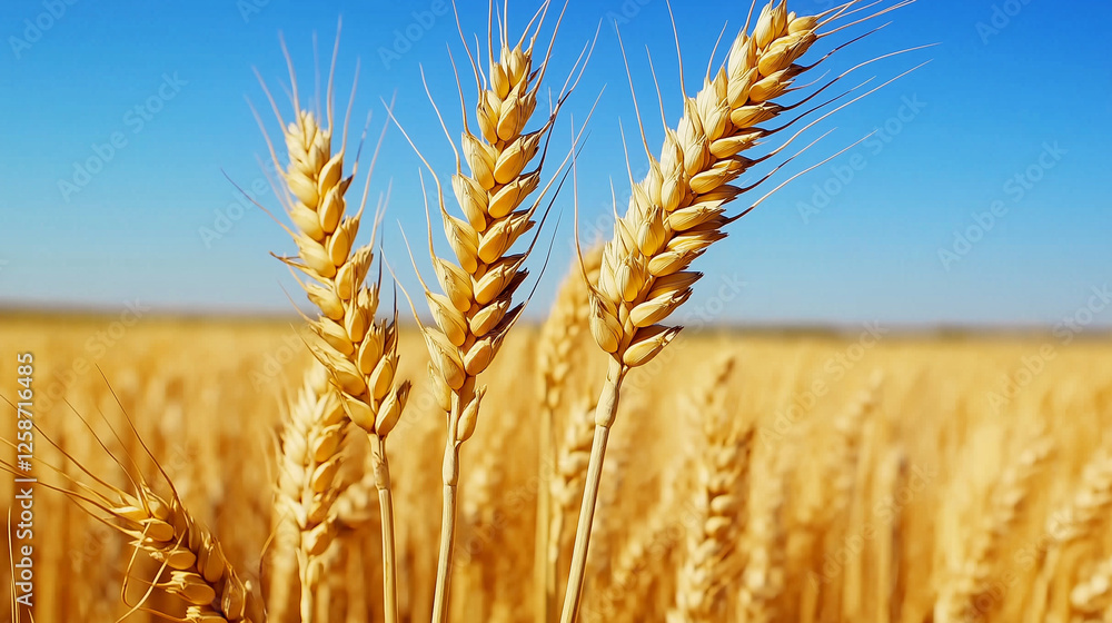 Golden wheat field with ripe grain spikes swaying under bright blue sky in warm summer sunlight representing agriculture, farming, harvest, and organic food production Golden wheat field with ripe grain spikes swaying under bright blue sky in warm summer sunlight representing agriculture, farming, harvest, and organic food production