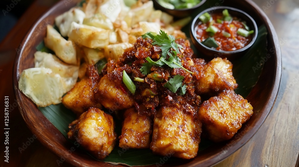 Delicious Spicy Tofu Dish with Crispy Sides and Chili Sauce A Culinary Delight from Indonesian Cuisine Delicious Spicy Tofu Dish with Crispy Sides and Chili Sauce A Culinary Delight from Indonesian Cuisine