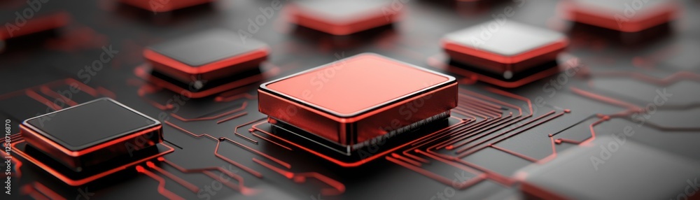 Close-Up View of Red and Black Microchips on a Circuit Board with Intricate Patterns and Connectors Depicting Modern Technology and Innovation Close-Up View of Red and Black Microchips on a Circuit Board with Intricate Patterns and Connectors Depicting Modern Technology and Innovation