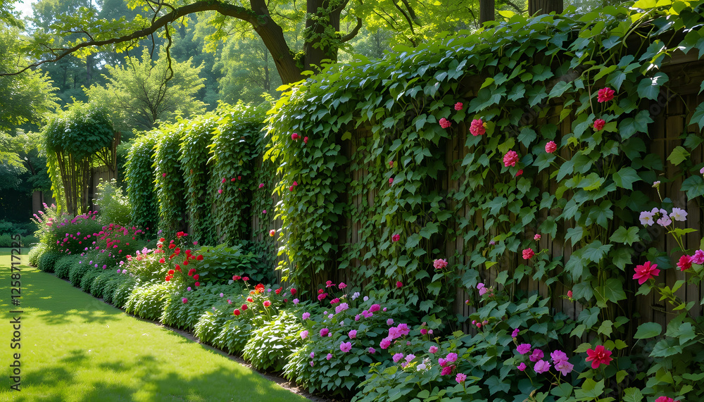 Obraz premium Vibrant Pink Flowers and Lush Green Ivy Covering a Wooden Fence