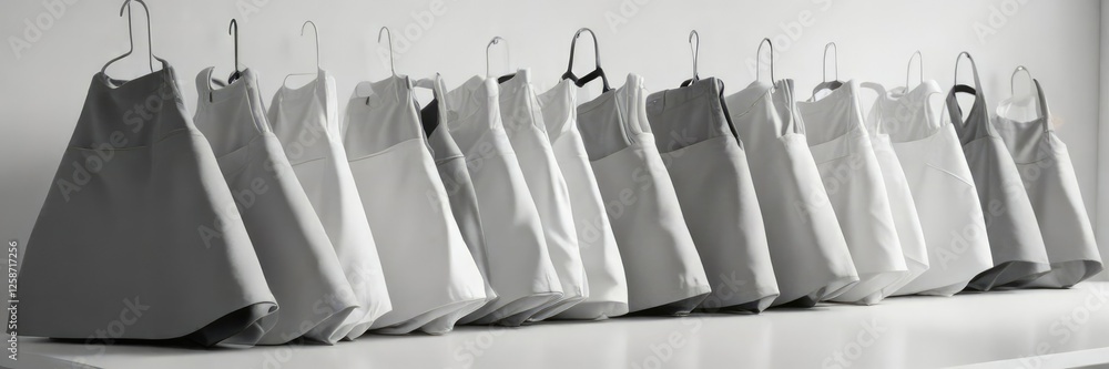 Collection of monochrome aprons neatly arranged on a white table, housekeeping, sewing Collection of monochrome aprons neatly arranged on a white table, housekeeping, sewing