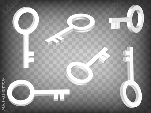 Set of 3d key on transparent background. Key 3d icon illustration with different views and angles.  Abstract concept of graphic elements for your design