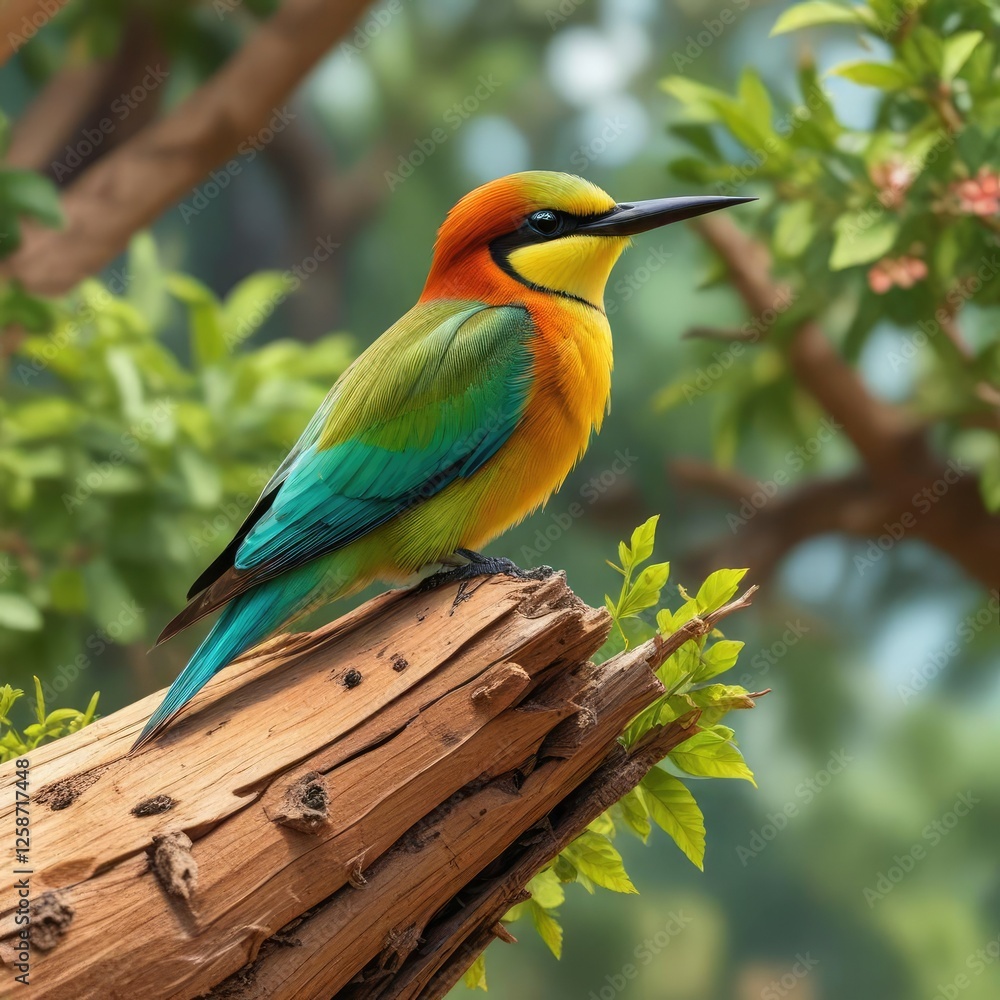 Fototapeta premium Colorful bee eater perched on a wooden tree trunk with leaves, birdwatching, wood, leaves