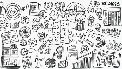Doodle business icon set. Doodle business strategy, finance, office people teamwork concept. Target, puzzle, chart element. Hand drawn sketch style perfect any project.
