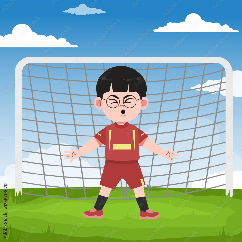 Fototapeta premium Cute Chinese Boy with Glasses cartoon Character Playing Football