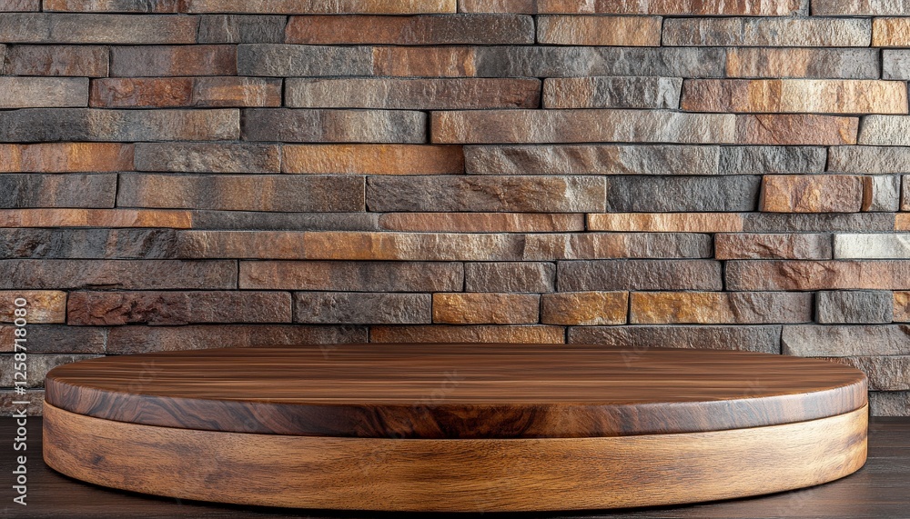 Fototapeta premium Rustic Wooden Round Display Platform against a Stone Brick Wall Background for Product Showcase