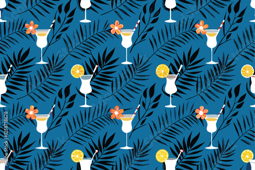 Vibrant, patterned vector illustration of tropical cocktails;  various glasses, garnishes, and fruity designs.  Suitable for menu design or summer-themed projects.