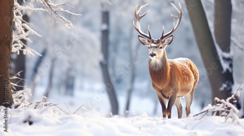 Deer in winter forest. Wild animal in winter forest. Wildlife scene.