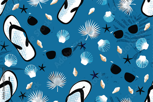 Create a vibrant, seamless vector pattern featuring summer beach elements like flip-flops, seashells, starfish, and beach balls.  Use bright, cheerful colors.