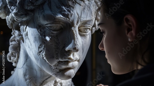 A young woman gazes at an ancient marble bust