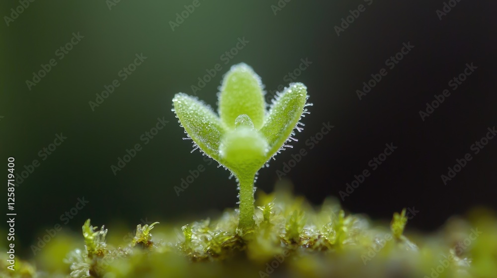 Tiny sprout emerges from moss, growth, nature Tiny sprout emerges from moss, growth, nature