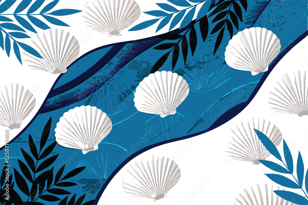 Obraz premium Create a vibrant, seamless vector pattern featuring stylized seashells, starfish, sandcastles, and beach waves in a playful, summery aesthetic.