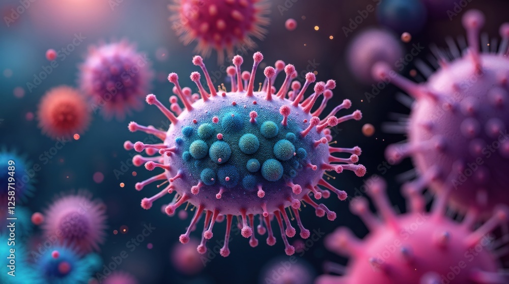 Detailed view of a virus with spikes Detailed view of a virus with spikes
