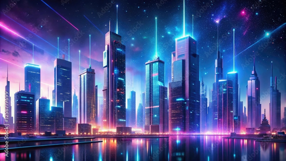 Cosmic cityscape with neon lights and futuristic skyscrapers, urban, futuristic, skyscrapers, contemporary architecture, technology Cosmic cityscape with neon lights and futuristic skyscrapers, urban, futuristic, skyscrapers, contemporary architecture, technology
