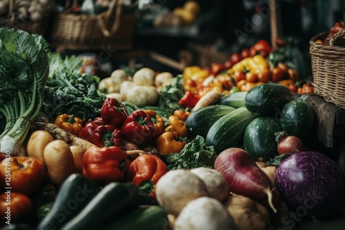 Stalls at a farmer's market display a wide array of seasonal vegetables like peppers, squash, and greens, creating a lively and colorful shopping experience for customers photo