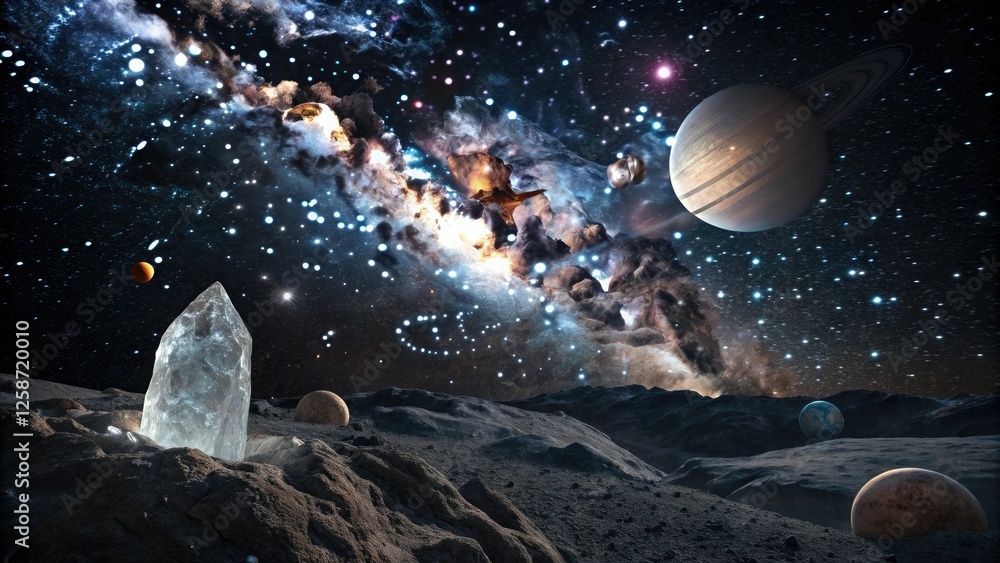 Fototapeta premium Cosmic landscape featuring a giant crystal nestled within a sea of stars and planets, cosmic dust, asteroids, cosmic landscape