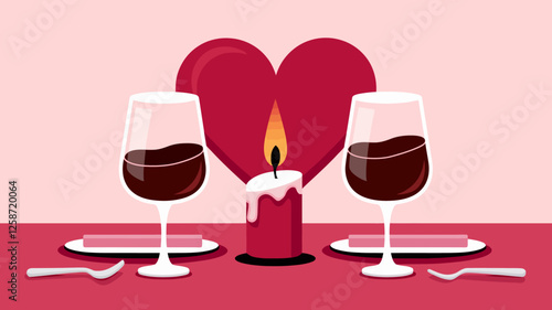 Two glasses of wine, a lit candle, and a heart in the background, symbolizing a romantic Valentine's Day dinner on a plain white background.