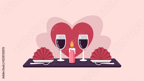 Two glasses of wine, a lit candle, and a heart in the background, symbolizing a romantic Valentine's Day dinner on a plain white background.