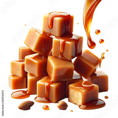 Caramel cubes isolated on white background