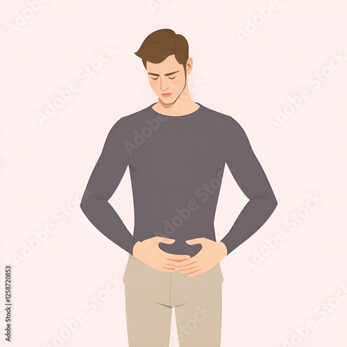 Illustration of a young man holding his stomach in discomfort showing abdominal pain symptoms