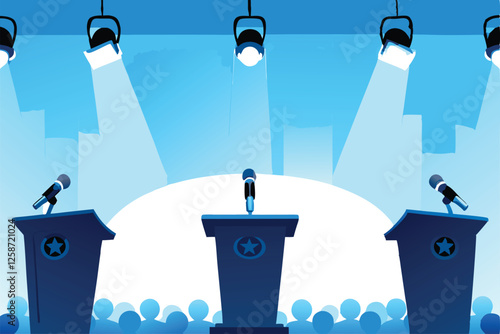 Design a vibrant vector background illustrating a public speaking event, featuring multiple microphones on a stage.  Include an audience subtly in the background.