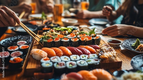 A Delicious Sushi Feast: An Abundance of Fresh Fish, Rice, and Exquisite Japanese Cuisine
