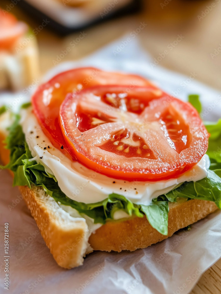 Open-Faced Sandwich with Tomatoes and Lettuce on Paper Towel Open-Faced Sandwich with Tomatoes and Lettuce on Paper Towel