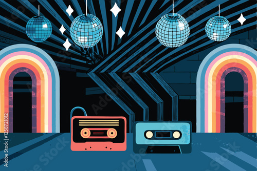 Design a vibrant 80s-themed retro party background featuring neon lights, geometric shapes, and synthwave color palettes.  Include space for text overlay.