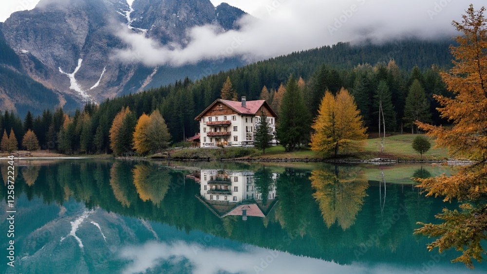 Fototapeta premium Quiet cottage with lake and mountain views