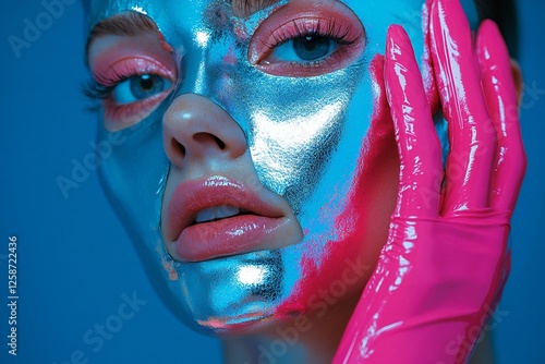 Woman with Silver Face Mask and Pink Latex Gloves Beauty Skincare Cosmetics