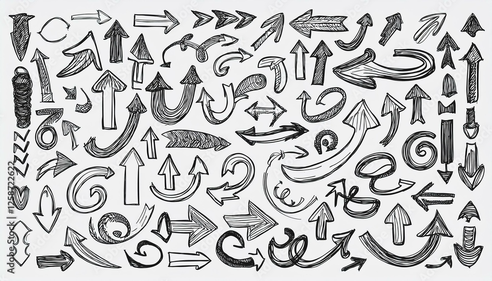 Obraz premium Arrow vector hand drawn sketch icon set. Doodle sketch hand drawn direction element set. Pencil doodle flat line design cartoon elements. Scribble swirl arrow sign. perfect any project.