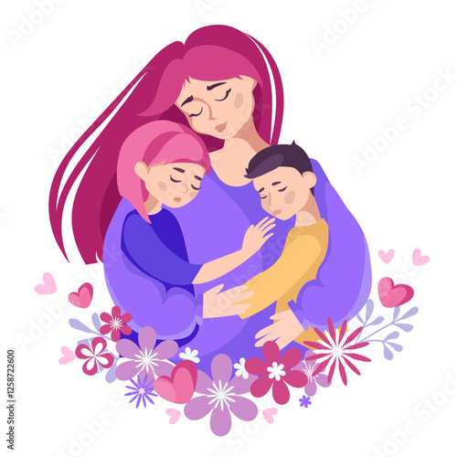 Loving mother embracing her two children, symbolizing warmth, care, and maternal love. Vector illustration for Mother's Day designs, greeting cards, family-related projects, and parenting