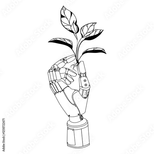 Robotic hand holding a growing plant connection between technology and nature.Synergy of technology and nature line Logo Emblem design. Contact between artificial intelligence and organic life. Vector