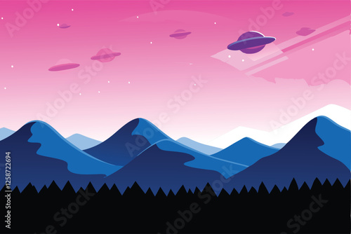 Eerie retro-futuristic alien landscape featuring vibrant purple mountains, a hazy atmosphere, and strange, bioluminescent flora.  Create a 1950s sci-fi illustration style.