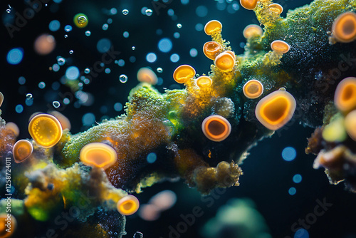 Generative AI illustration of microscopic bacterial forms showcasing vivid molecular structures and glowing effects