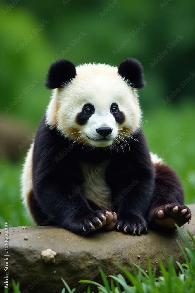 Fluffy panda resting on a rock, lush greenery backdrop, habitat, enclosure Fluffy panda resting on a rock, lush greenery backdrop, habitat, enclosure