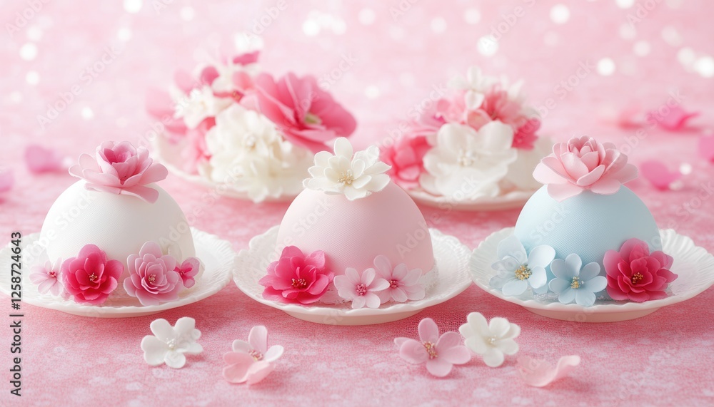 Four beautifully decorated Easter eggs rest on a plate adorned with flowers, set against a soft pink background, celebrating the festive season. Four beautifully decorated Easter eggs rest on a plate adorned with flowers, set against a soft pink background, celebrating the festive season.