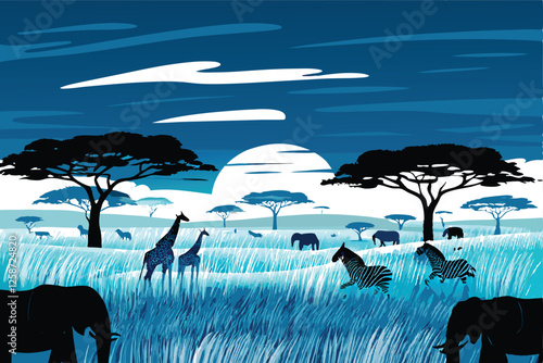 Create a vibrant vector illustration of a sun-drenched African savanna landscape featuring giraffes, zebras, and acacia trees.  Focus on realistic detail and a warm color palette.
