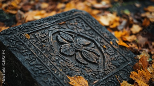 Ornate stone autumn leaves ground cemetery photo