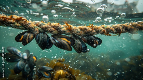 Mussels cling to a submerged rope in clear water, surrounded by bubbles and aquatic plants, illustrating marine life in a coastal ecosystem on a sunny day. photo