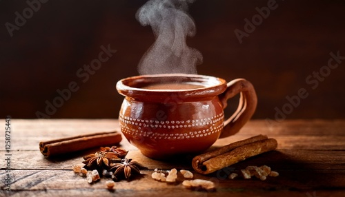 Generated image. Café de olla mexicano en taza de barro con canela