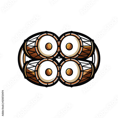 Create a vibrant vector illustration of a traditional Samulnori drum set, showcasing its four main drums kkwaenggwari, janggu, buk, and jing.  Show intricate detail and vibrant colors.