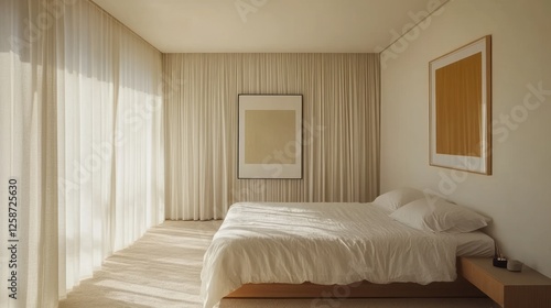 Minimalist Bedroom Design With Neutral Tones and Sheer Curtains