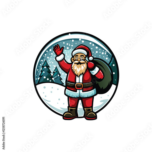 Jolly Santa Claus, merrily waving, holds a giant overflowing sack of Christmas gifts.  Smiling, festive attire.