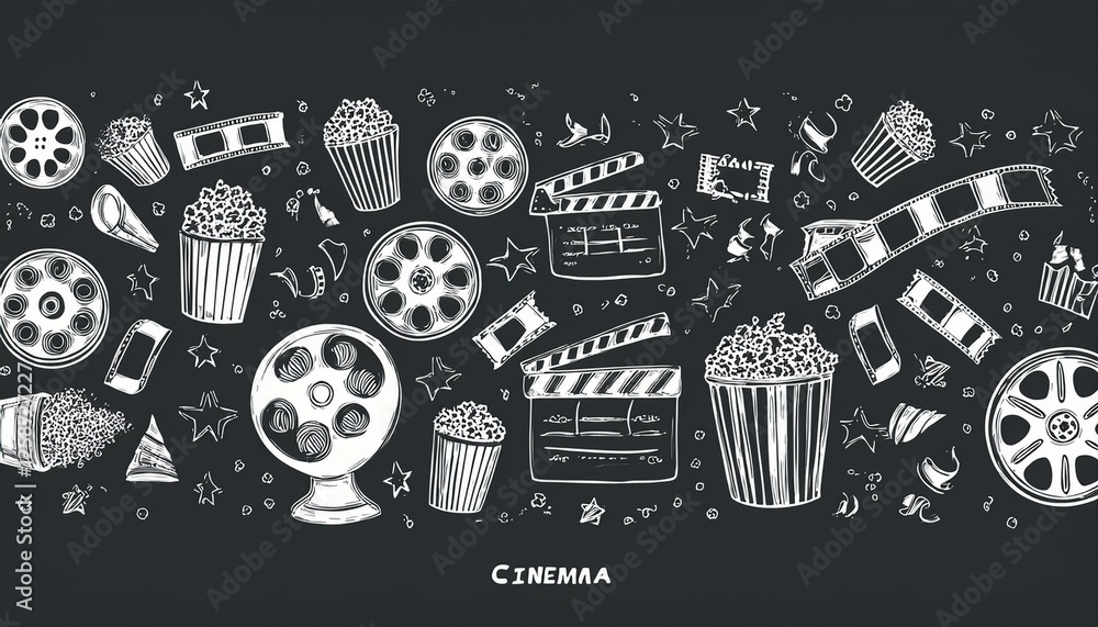 Cinema doodle, movie background. Hand drawn sketch film, cinema element design. Clapperboard, popcorn, film tape doodle perfect any project.