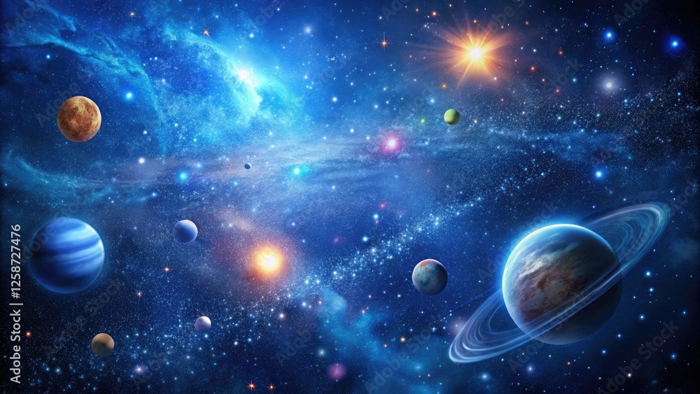 Dark blue galaxy background with twinkling stars and planets, planetary system, celestial body, stellar bodies, space Dark blue galaxy background with twinkling stars and planets, planetary system, celestial body, stellar bodies, space